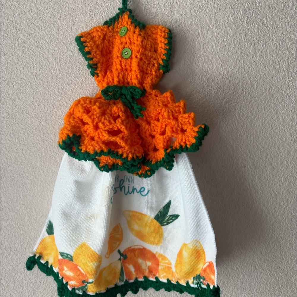 Orange and Green Crochet Dress Towel Holder